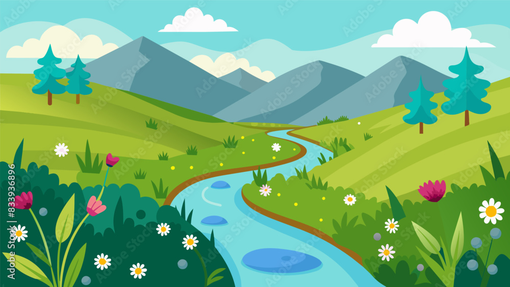 Fototapeta premium A small stream runs through the middle of the meadow providing a source of water for the newly planted wildflowers and attracting a variety of. Vector illustration