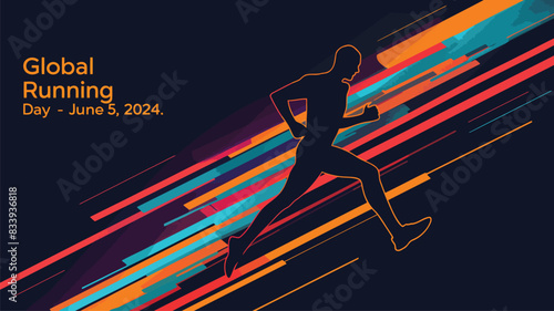 simple and elegant vector for Global Running Day, showing a silhouette of a runner with dynamic motion lines