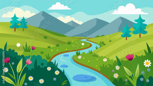 A small stream runs through the middle of the meadow providing a source of water for the newly planted wildflowers and attracting a variety of. Vector illustration
