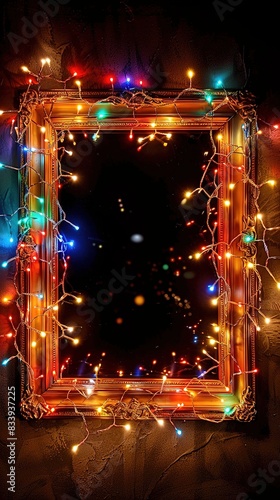empty christmas festive frame for text made from shining garland lights, copyspace for greetings, holiday promotions, sales, and discounts.