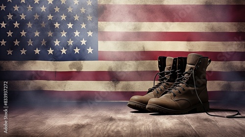 Honoring Heroes: Patriotic Independence Day Tribute with Military Boots and Helmet on American Flag Background photo