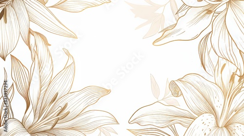 Lilies floral, luxury botanical on white background vector, empty space in the middle to leave room for text or logo, gold line wallpaper, leaves, flower, foliage, hand drawn