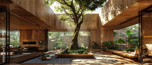 Eco-friendly house designed with massive tree growing through open-air central atrium. Sustainable materials like bamboo, solar panels, organic vegetable garden. photo