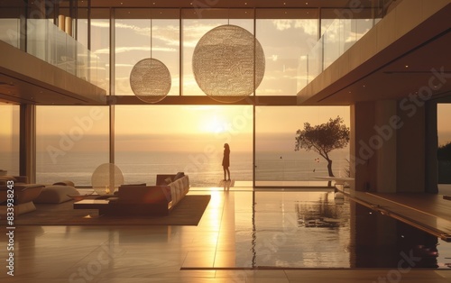 Cinematic still of an ultraluxury modern mansion with large windows overlooking the ocean at sunset photo