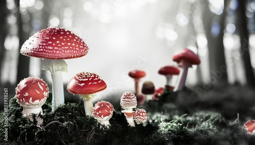 conceptual fantasy tale background for wonderland with red poisonous mushrooms amanita photo