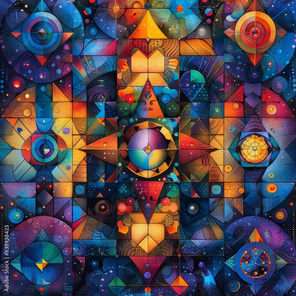 Fototapeta premium Geometric patterns with vivid colors, intricate designs, realistic rendering