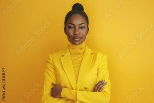 Thoughtful black businesswoman in a yellow turtleneck and blazer standing with crossed arms