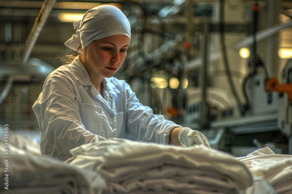 A woman in a factory setting wearing a uniform, with multiple pieces of clothing visible A woman in a factory setting wearing a uniform, with multiple pieces of clothing visible