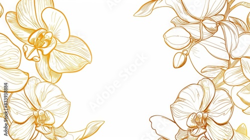 Orchids floral, luxury botanical on white background vector, empty space in the middle to leave room for text or logo, gold line wallpaper, leaves, flower, foliage, hand drawn 