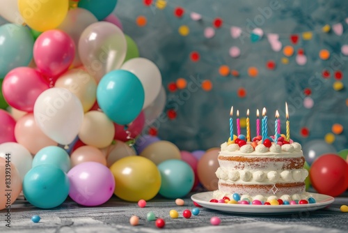 A colorful birthday cake with lit candles surrounded by balloons, perfect for celebrations and parties