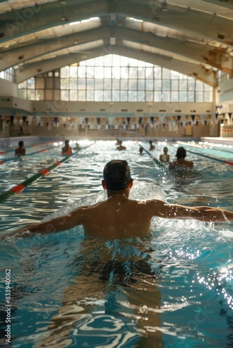 Group of people swimming and having fun in a pool