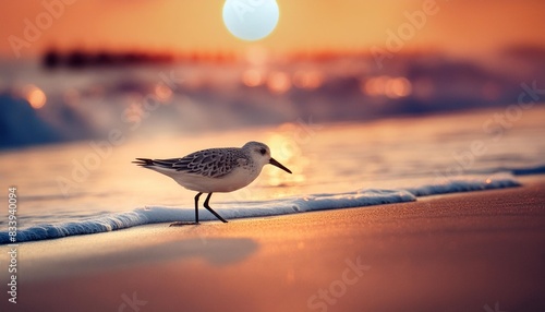 sanderling bird at the shore of a beach panorama photo