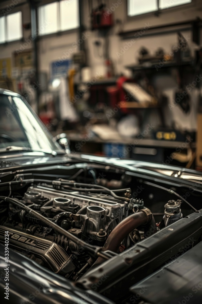 Fototapeta premium A car with its engine exposed in a garage