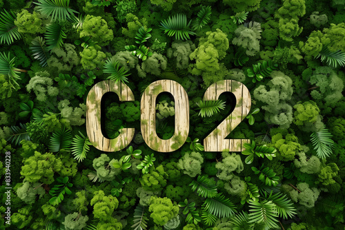 Top view of dense canopy of green trees, interspersed with different shades and textures. Letters CO2 are superimposed over the foliage, symbolizing the critical dialogue surrounding carbon dioxide