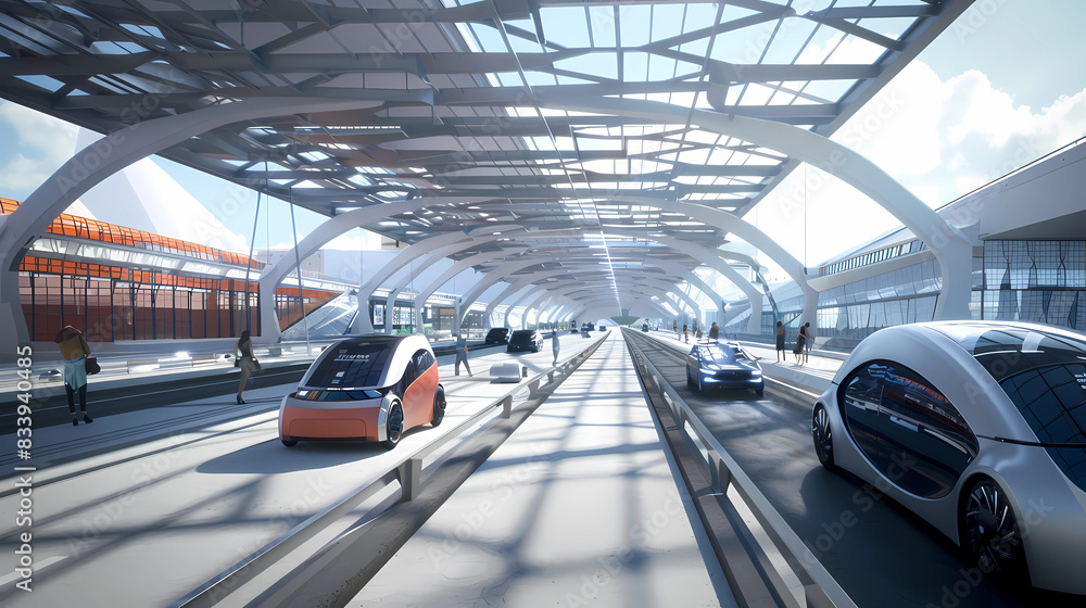 Sustainable Climate , A futuristic highway where electric and solar-powered cars replace traditional vehicles reducing carbon emissions . Green energy, Air pollution, Innovative Transportation Sustainable Climate , A futuristic highway where electric and solar-powered cars replace traditional vehicles reducing carbon emissions . Green energy, Air pollution, Innovative Transportation