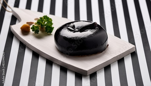 black pudding on black and white striped background morcilla de burgos photo
