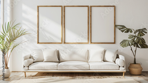 three blank vertical picture frames hanging over white modern sofa in an apartment