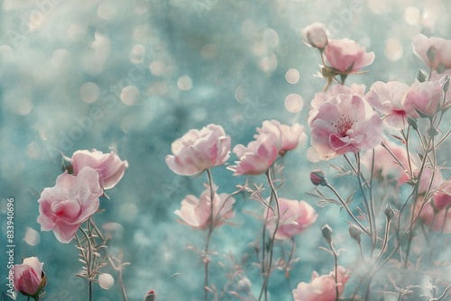 serene field of pink flowers with a soft focus and a vintage, textured overlay, giving it an ethereal quality