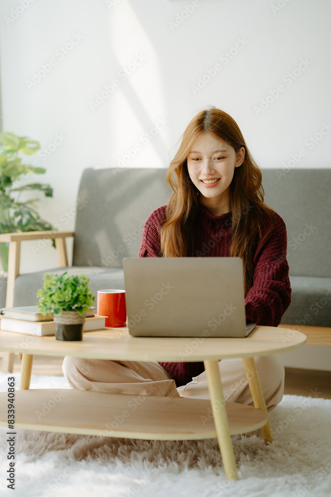 The happiness of an entrepreneur, a beautiful Asian business woman For online shopping, enjoy social media and laptop at The happiness of an entrepreneur, a beautiful Asian business woman For online shopping, enjoy social media and laptop at