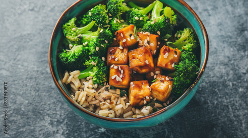 Tofu broccoli brown rice bowl. Healthy vegan meal with teriyaki tofu, broccoli and brown rice. photo