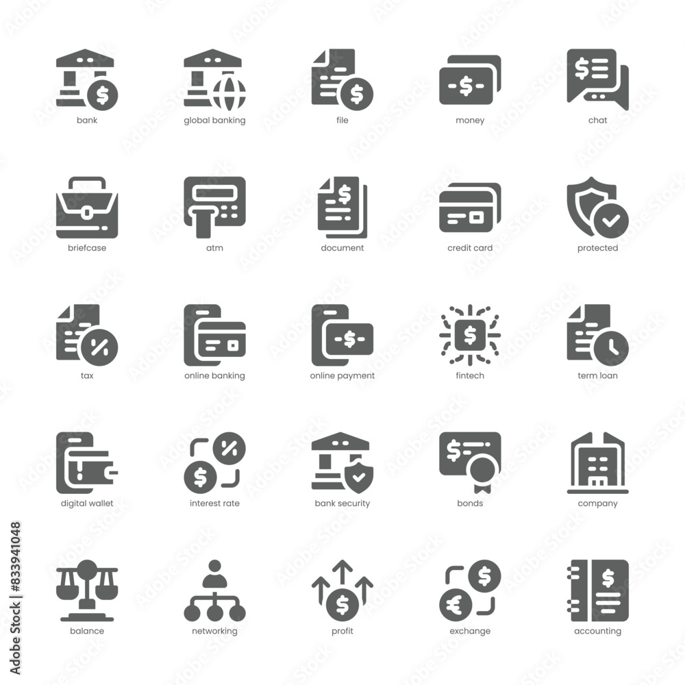 Banking and Finance icon pack for your website, mobile, presentation, and logo design. Banking and Finance icon glyph design. Vector graphics illustration and editable stroke.