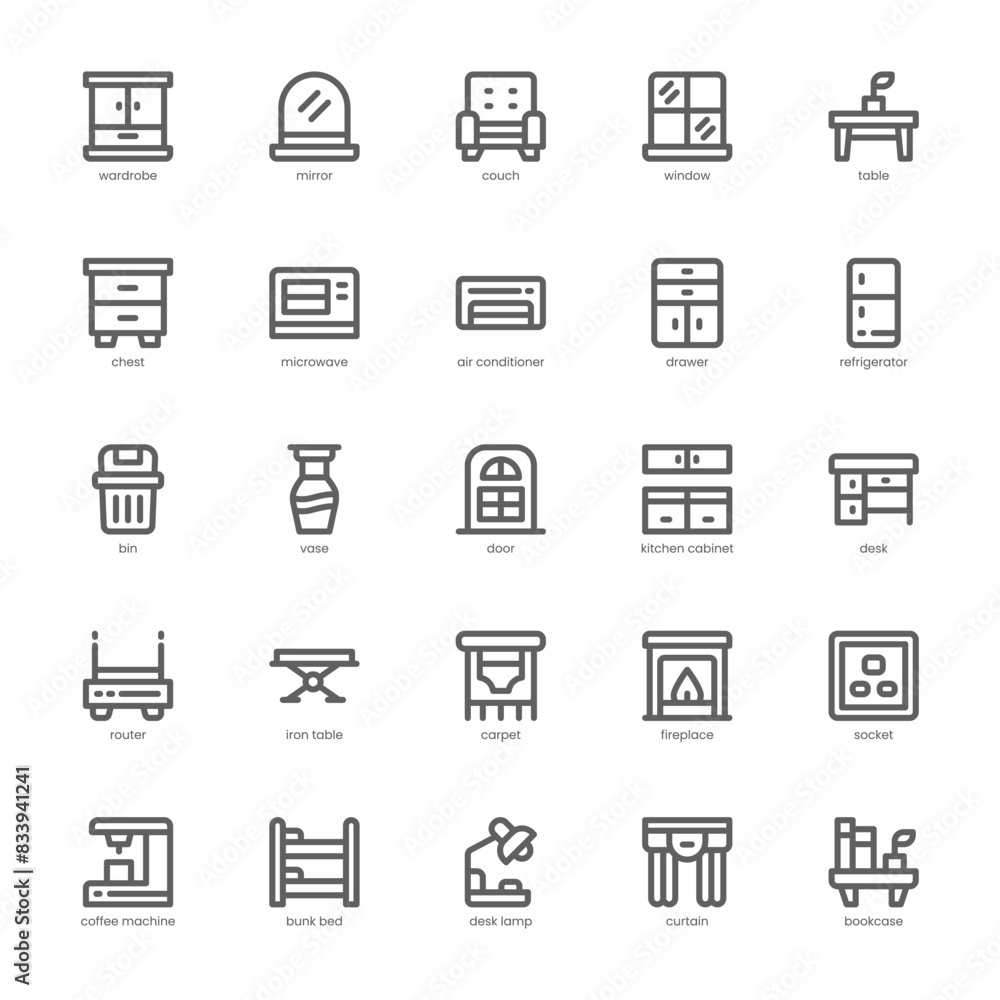 Home Furniture icon pack for your website, mobile, presentation, and logo design. Home Furniture icon outline design. Vector graphics illustration and editable stroke.