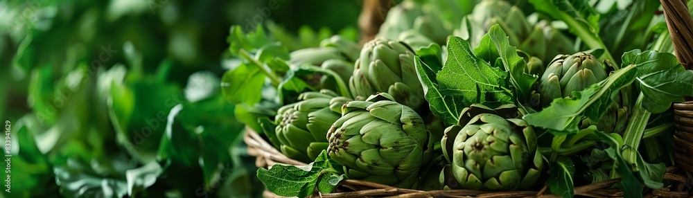 A close-up of freshly picked artichokes in a wicker basket, detailed textures of the leaves and stems, vibrant green colors A close-up of freshly picked artichokes in a wicker basket, detailed textures of the leaves and stems, vibrant green colors
