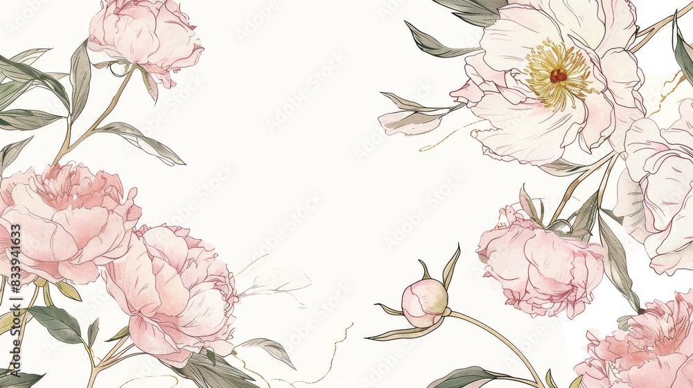 Peonies floral, luxury botanical on white background vector, empty space in the middle to leave room for text or logo, gold line wallpaper, leaves, flower, foliage, hand drawn