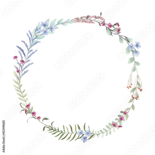Watercolor wedding vintage herbal wreath. Hand drawn floral summer isolated illustration on white background.