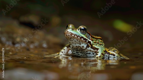 A green and brown spotted frog sitting in shallow water on a muddy, rocky surface
