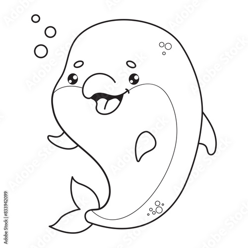 Outline cute dolphin. Happy cartoon kawaii animal. Line drawing, coloring book. Vector illustration. Underwater world. Kids collection