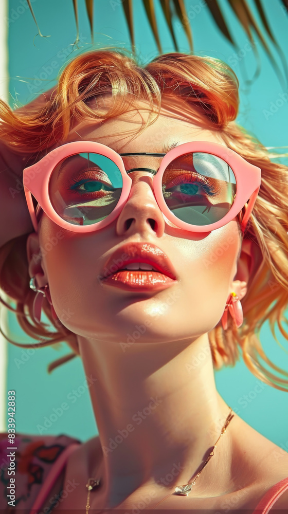 Retro style pastel colors summer background. Fashion woman wearing big sunglasses. Retro style pastel colors summer background. Fashion woman wearing big sunglasses.