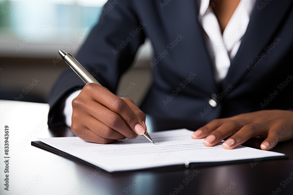 Hands of an African American businessman signs documents close-up. He sits in the office in the evening and signs the document. Hands of an African American businessman signs documents close-up. He sits in the office in the evening and signs the document.