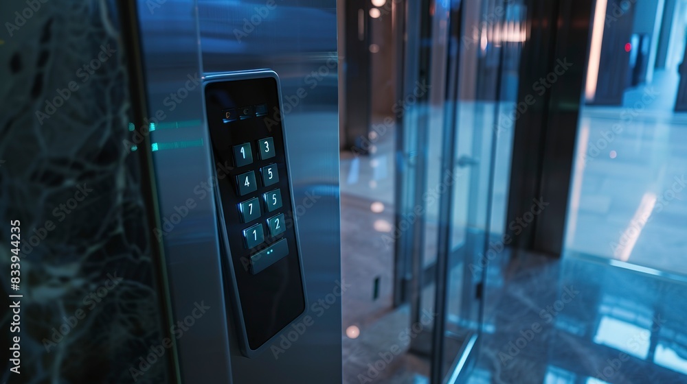 Advanced security keypad at the entrance of a smart building, focused lighting, no human. Advanced security keypad at the entrance of a smart building, focused lighting, no human.