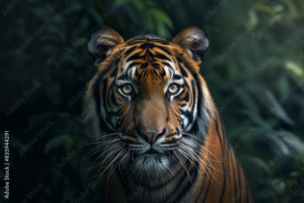 Portrait of a tiger's face on a dark background. Portrait of a tiger's face on a dark background.