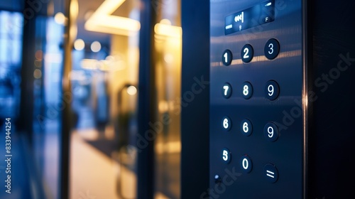 Advanced security keypad at the entrance of a smart building, focused lighting, no human. photo