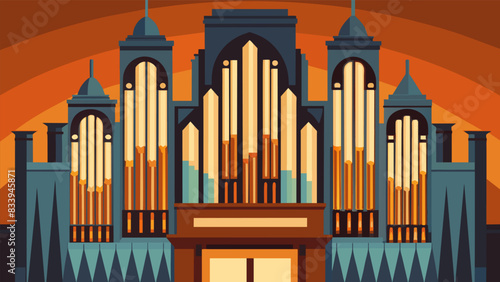 The majestic organ pipes tower above the organist intimidating in their grandeur but the music they produce is nothing short of beautiful.. Vector illustration