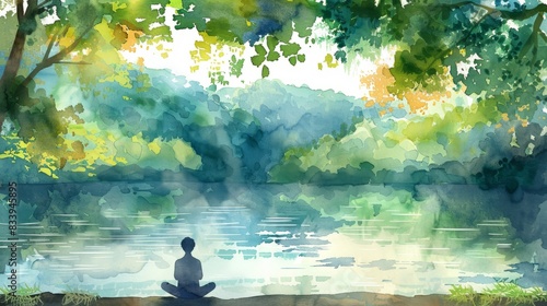 Peaceful meditation by the lake watercolor. Serene watercolor painting of a person meditating by a tranquil lake surrounded by lush green forest, perfect for mindfulness and nature themes.