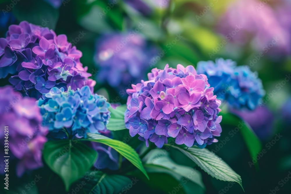 A closeup of purple and blue hydrangea flowers in full bloom, surrounded by green leaves, with a blurred background of a Japanese garden Generative AI A closeup of purple and blue hydrangea flowers in full bloom, surrounded by green leaves, with a blurred background of a Japanese garden Generative AI