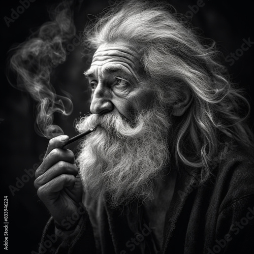 Realistic Black and White Portrait of an Old Man Smoking in Deep Thought - High-Quality Illustration © Bavelli