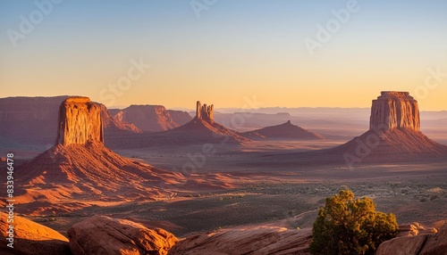 panorama of the scenic monument valley illuminated by sunset from hunts mesa in american southwest photo