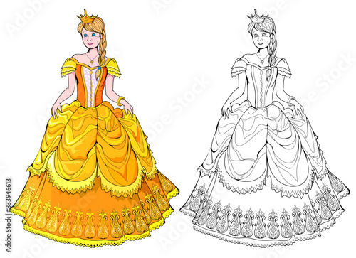 Colorful and black and white page for kids coloring book. Illustration of beautiful little princess in a luxurious gold dress. Worksheet for children and adults. Flat cartoon vector drawing.