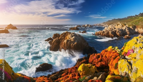 waves crash on colorful lichen and barnacle covered boulders on he rocky coast of asilomar state park near monterey california