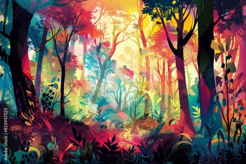 Abstract colorful illustration of forest. AI generative art