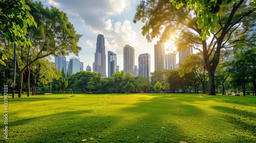 Public park and high-rise buildings cityscape in green environment city  © robfolio
