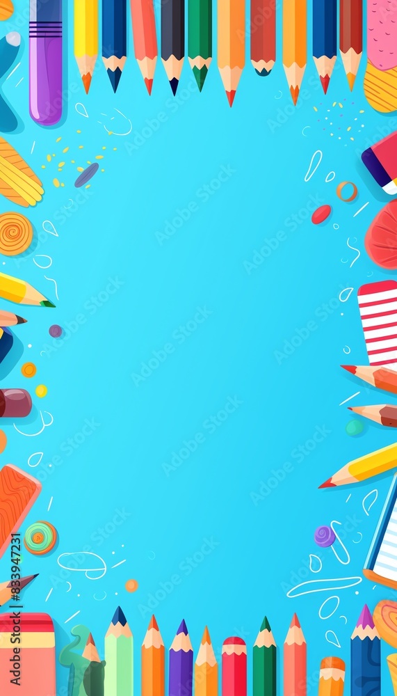 Obraz premium Create a fun illustration of a variety of school supplies including pencils, erasers, sharpeners, and a ruler