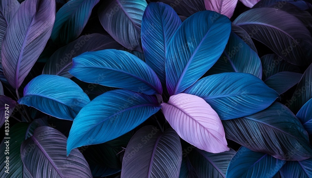 closeup view of vibrant purple and blue leaves on dark background with flower center nature photography concept