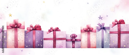A row of watercolor gift boxes with pink and purple ribbons and bows on a white background.