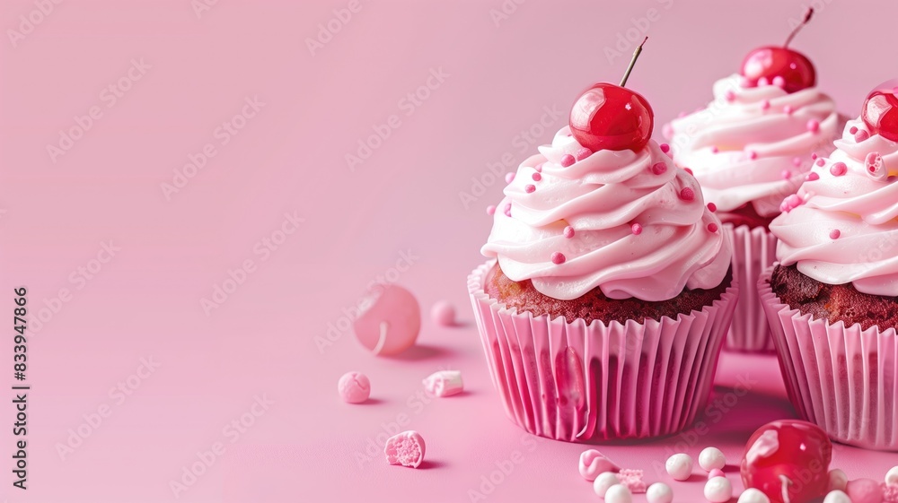 Delicious cupcakes with pink frosting and cherries on top, set against a pink background. Delicious cupcakes with pink frosting and cherries on top, set against a pink background.