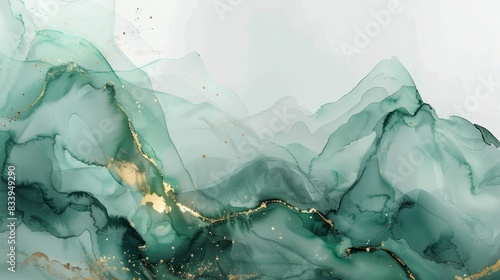 abstract painting mountain landscape by fluid green watercolor ink with gold accent of sunlight sky in concept nature, luxury photo